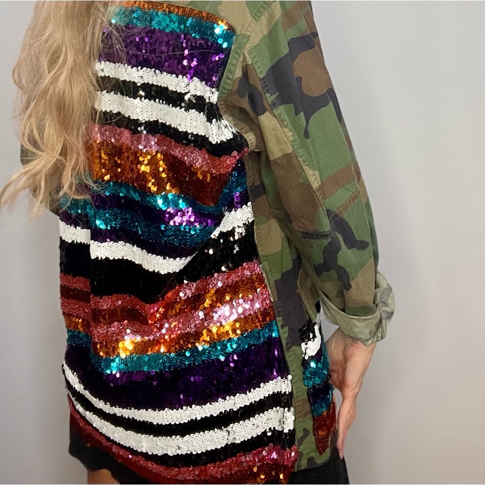 “Hi Gorgeous” Custom One of a Kind army jacket with loads of sequin detail!